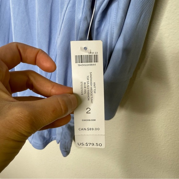 Chico’s Knit Top Sandwash Wedge Tunic Top 3/4 Sleeve Blue Veil Size 2 US SIZE 10 - Picture 7 of 11